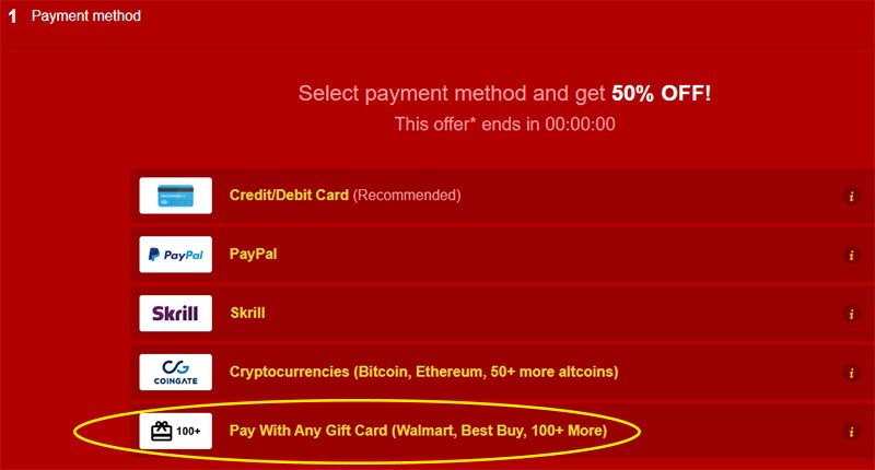 Gift Card payment method on Livejasmin